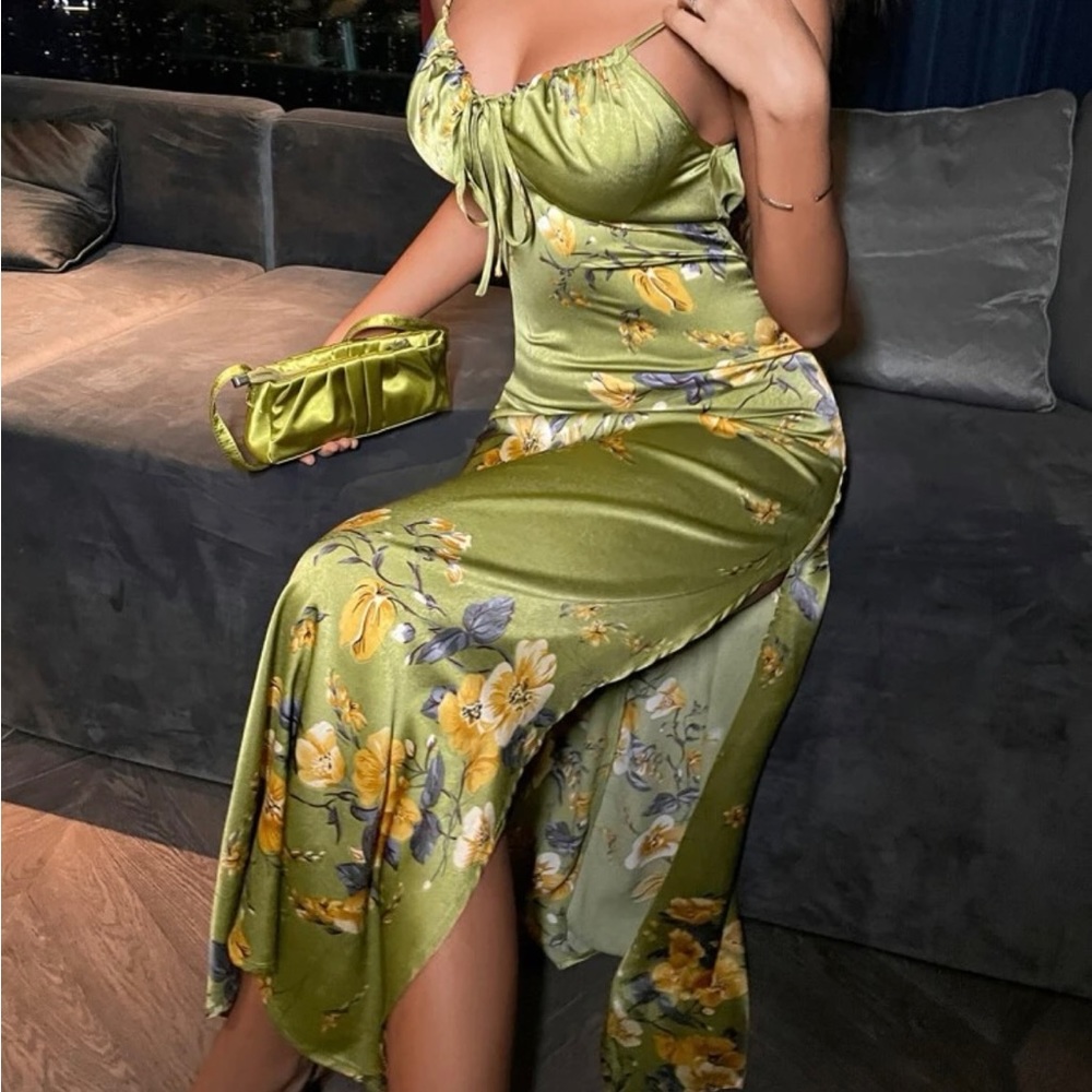 Floral green print satin dress
